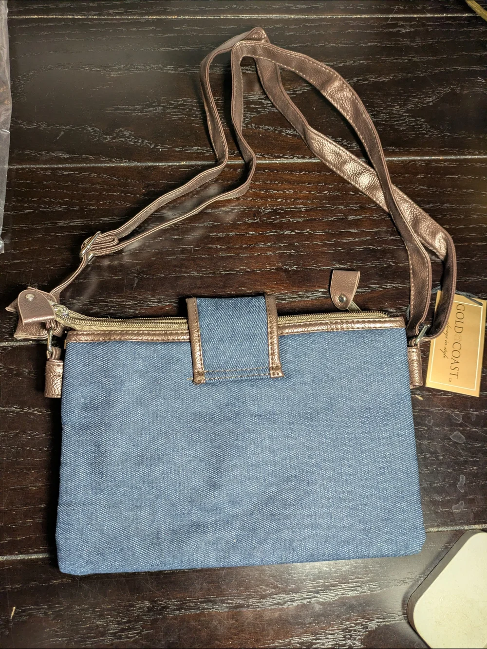 Gold Coast Denim Handbag Bag And Matching Watch - Blue with Brown Trim